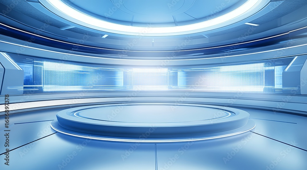 Obraz premium Futuristic Studio Set with Circular Platform and Blue Lighting