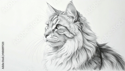 A detailed pencil drawing showcasing a Maine Coon cat in profile, looking attentively to the side.