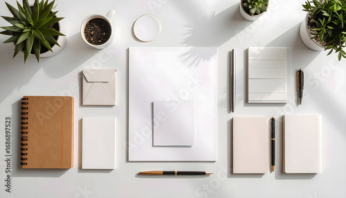 Modern minimalist workspace with stationery, plants, and coffee.