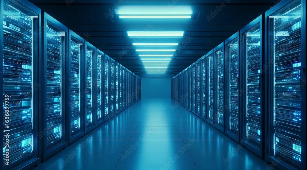 Fototapeta premium Modern Data Center with Rows of Server Racks Illuminated by Blue Light