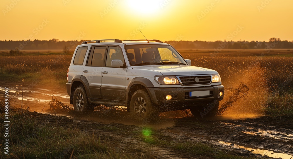 Fototapeta premium SUV driving through muddy puddle at sunset