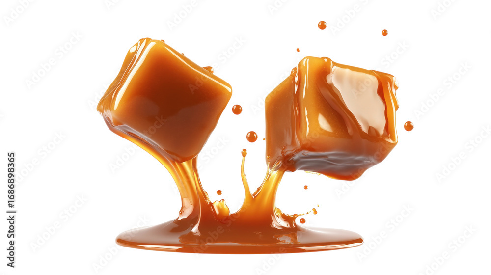 Obraz premium Golden caramel squares dripping isolated on a transparent background