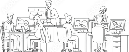 Office workers collaborate and plan using flowcharts on computers and laptops