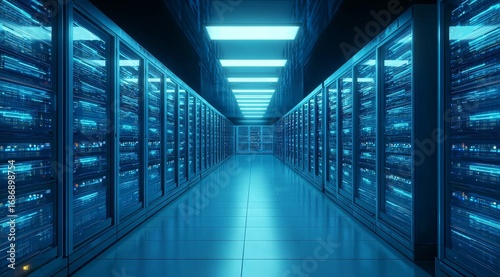 Server Room with Rows of Data Storage Units Illuminated by Blue Light