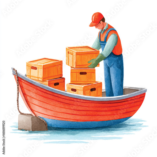 Watercolor Illustration of a Man Loading Wooden Crates into a Boat