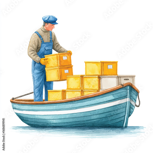 Watercolor illustration of a man loading yellow boxes onto a blue boat