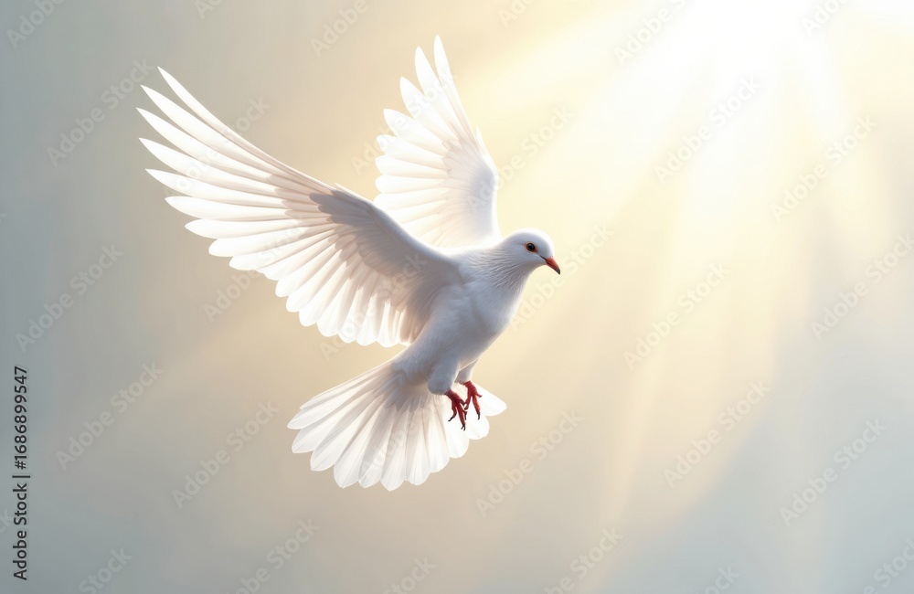 Obraz premium A white dove in flight with sunlight shining behind it creating a peaceful and uplifting scene