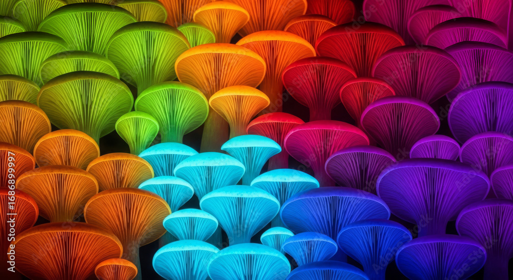 Obraz premium Rainbow Mushrooms with Vibrant Spectrum, Fungi Grouping, Glowing Texture, Natural Art