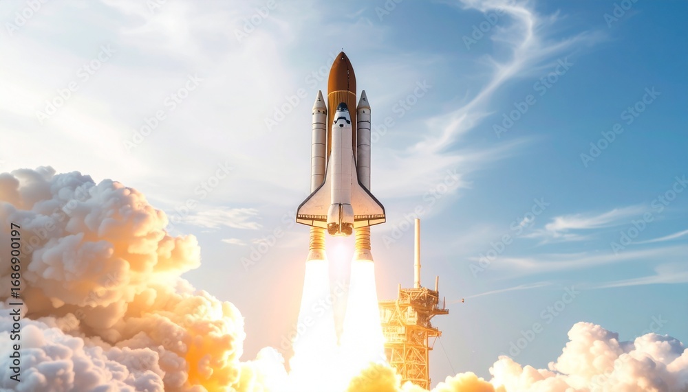 Fototapeta premium A space shuttle launching, with fire, smoke, and clouds against a blue sky. The moment of liftoff, symbolizing progress and adventure