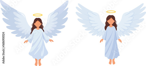 two angels with wings and halos standing side by side
