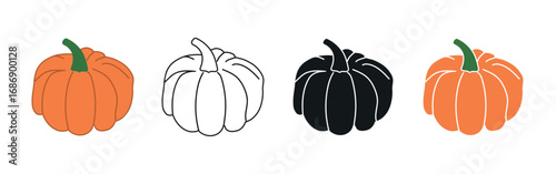 Autumn vector pumpkins set for Thanksgiving Day and Halloween. Flat illustration in color, line, solid and silhouette. 
