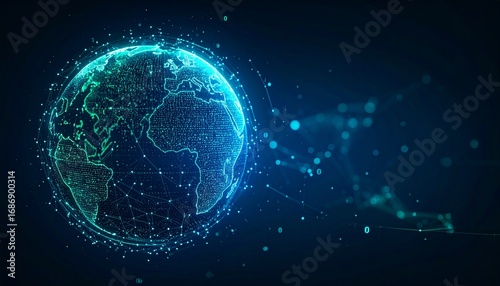 A captivating digital representation of planet Earth, showcasing its intricate network of connections and data flow. The image features glowing lines and dots against a dark background.