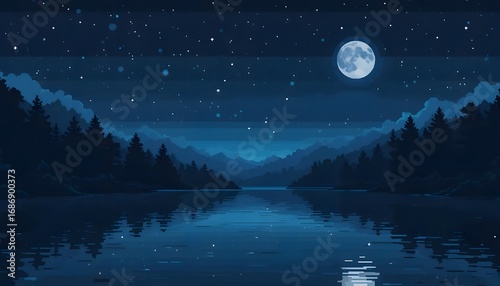 Pixelated Night Landscape by the Lake