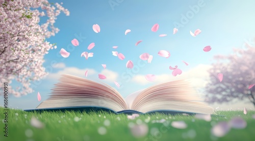 An open book lies on grass under a cherry blossom tree with petals floating in the air.