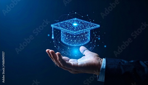 A digital representation of a graduation cap floating above a hand, symbolizing education and learning. The cap is illuminated with a network of lines and dots, indicating technology and knowledge