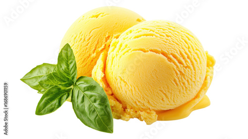 Two Yellow Ice Cream Scoops with Basil isolated on a transparent background