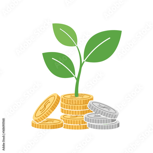 A plant grows from a stack of gold coins, with silver coins nearby, symbolizing financial growth and investment.