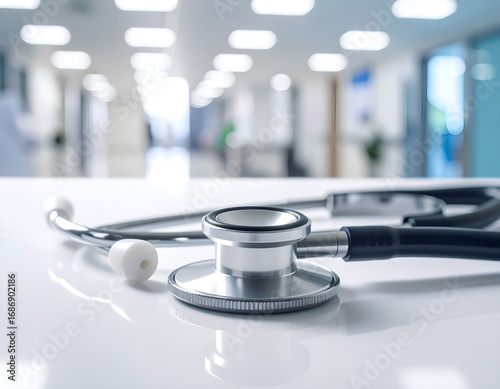 A stethoscope lies on a desk in a modern, bright, and sterile hospital corridor. A concept for medicine, healthcare, doctors, and medical services. Generative AI