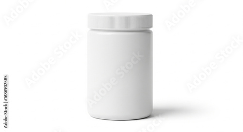Blank white plastic supplement bottle with cap, isolated transparent background.