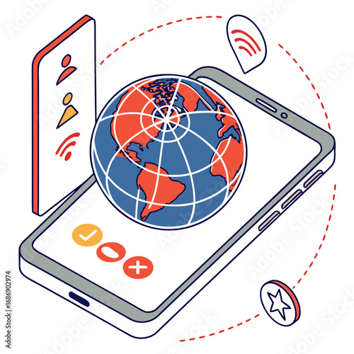 Global connection and communication concept with a smartphone displaying a dating app interface and a spinning earth