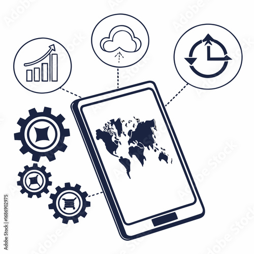 Digital technology concept with smartphone displaying world map connected to cloud and growth icons