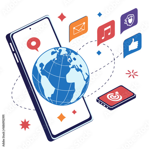 Global digital communication and social media engagement via smartphone with diverse app icons and target achievement