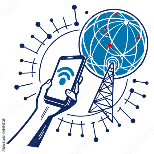Hand holding smartphone with wi fi signal connecting to global network via cell tower and satellite