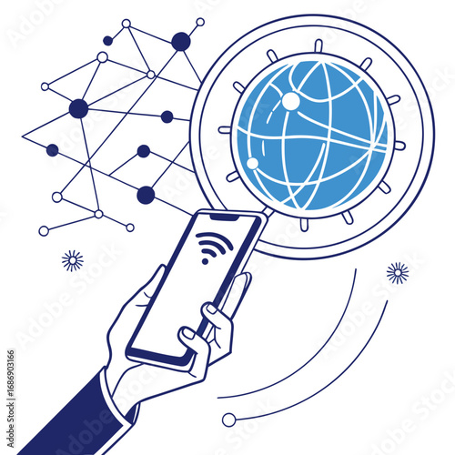 Hand holding smartphone with wifi signal exploring global network connections and digital world