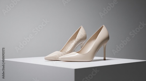 Fashion shoes displayed on a minimalist pedestal with clean studio lighting.