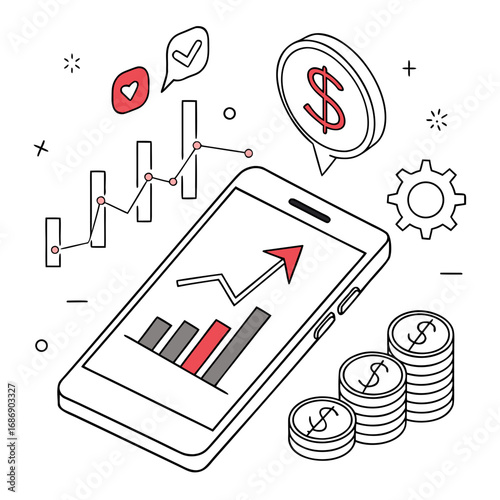Mobile phone displaying financial growth charts and coins symbolizing investment success and profitability
