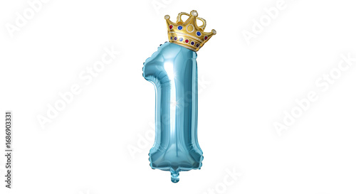 A festive blue number 1 balloon crowned with a golden tiara, perfect for a baby's first birthday celebration.