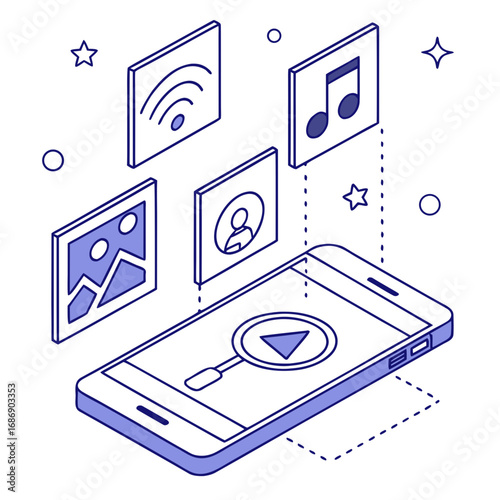 Mobile phone displaying search magnifying glass with play button surrounded by app icons and decorative elements