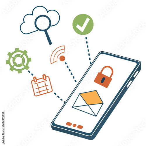 Mobile phone displaying secure email and locked padlock surrounded by cloud search gear calendar wifi and checkmark icons