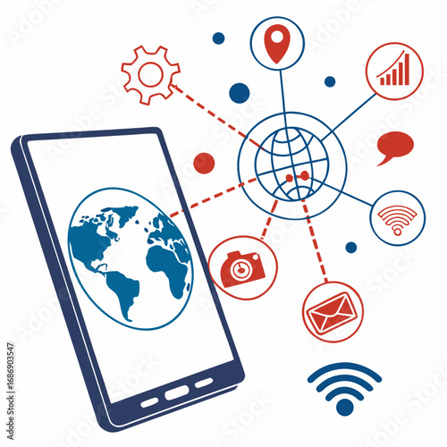 Wallpaper Mural Modern smartphone displaying a connected global network of communication and technology icons Torontodigital.ca