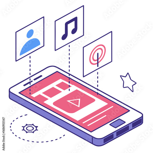 Modern smartphone displaying content icons for profile music and targets with digital connection lines