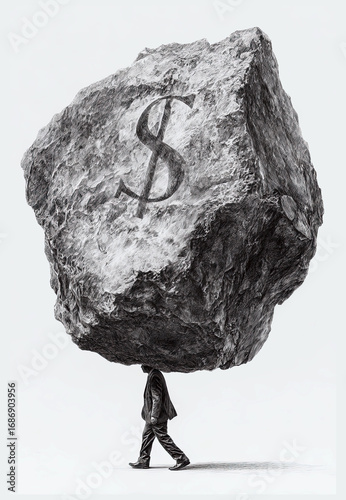 Man Carrying Giant Dollar Rock – Conceptual Burden of Debt, Capitalism and Financial Stress