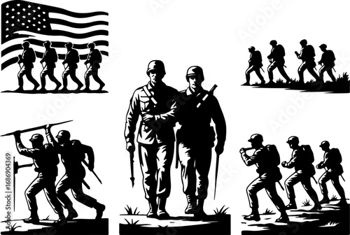 USA Military Memorial Silhouette with Flags and Cross" Graphics