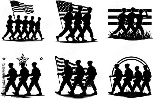 USA Military Memorial Silhouette with Flags and Cross" Graphics