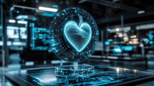 Futuristic display of digital heart symbol with data lines and network connection