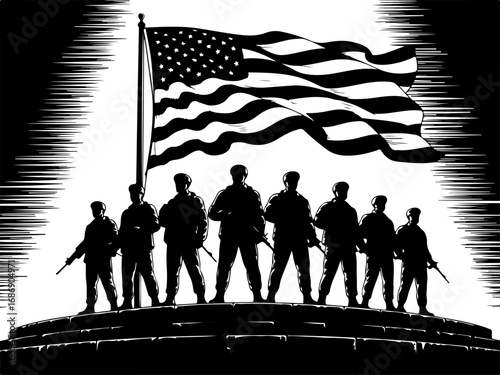 USA Military Memorial Silhouette with Flags and Cross" Graphics