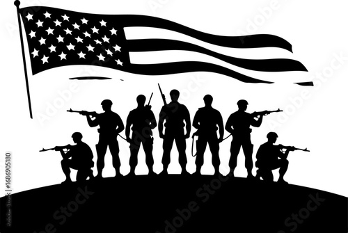 USA Military Memorial Silhouette with Flags and Cross" Graphics