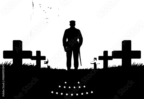 USA Military Memorial Silhouette with Flags and Cross" Graphics