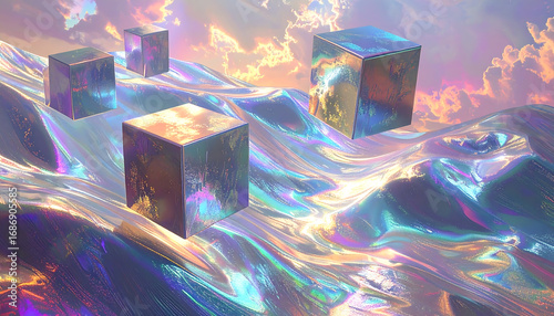 Surreal Abstract Landscape with Iridescent Cubes Floating in a Dreamlike Sky