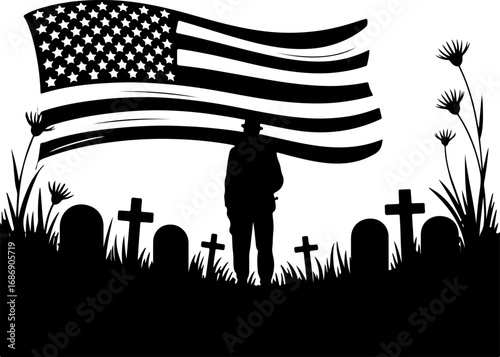 USA Military Memorial Silhouette with Flags and Cross" Graphics