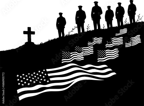 USA Military Memorial Silhouette with Flags and Cross" Graphics