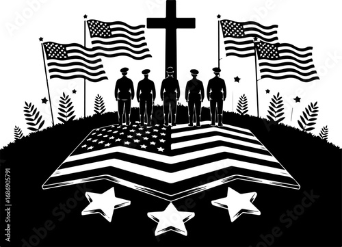 USA Military Memorial Silhouette with Flags and Cross" Graphics