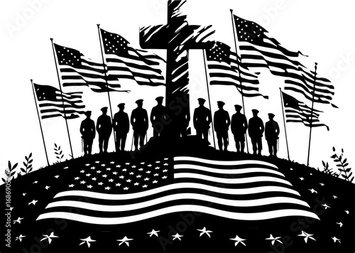 USA Military Memorial Silhouette with Flags and Cross" Graphics