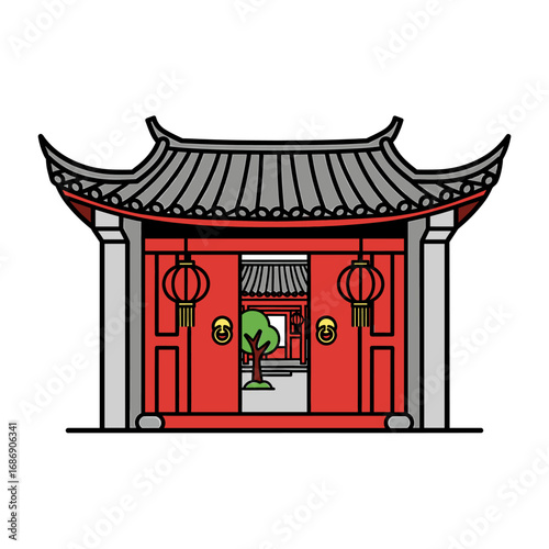 Illustration of a traditional Chinese gate with red doors, gray roof, and hanging lanterns, revealing a courtyard with a tree.