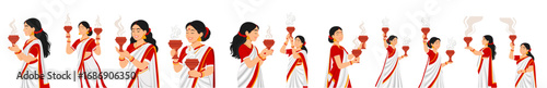 Dhunuchi Naach character set; a collection of isolated vector illustrations of a Bengali woman in a traditional saree performing the dhunuchi dance for Durga Puja
