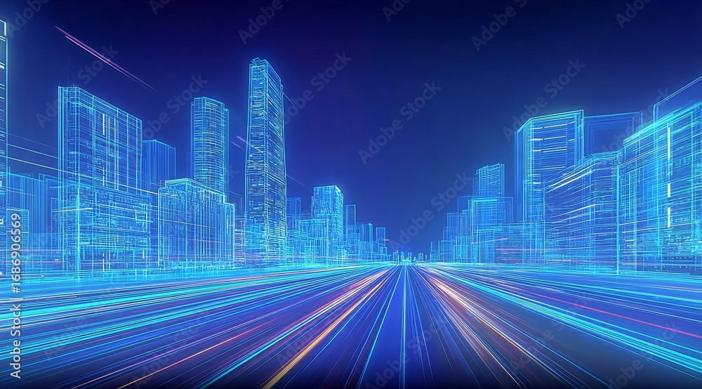 Fototapeta premium Futuristic Cityscape with Neon Lights and High-Speed Data Streams